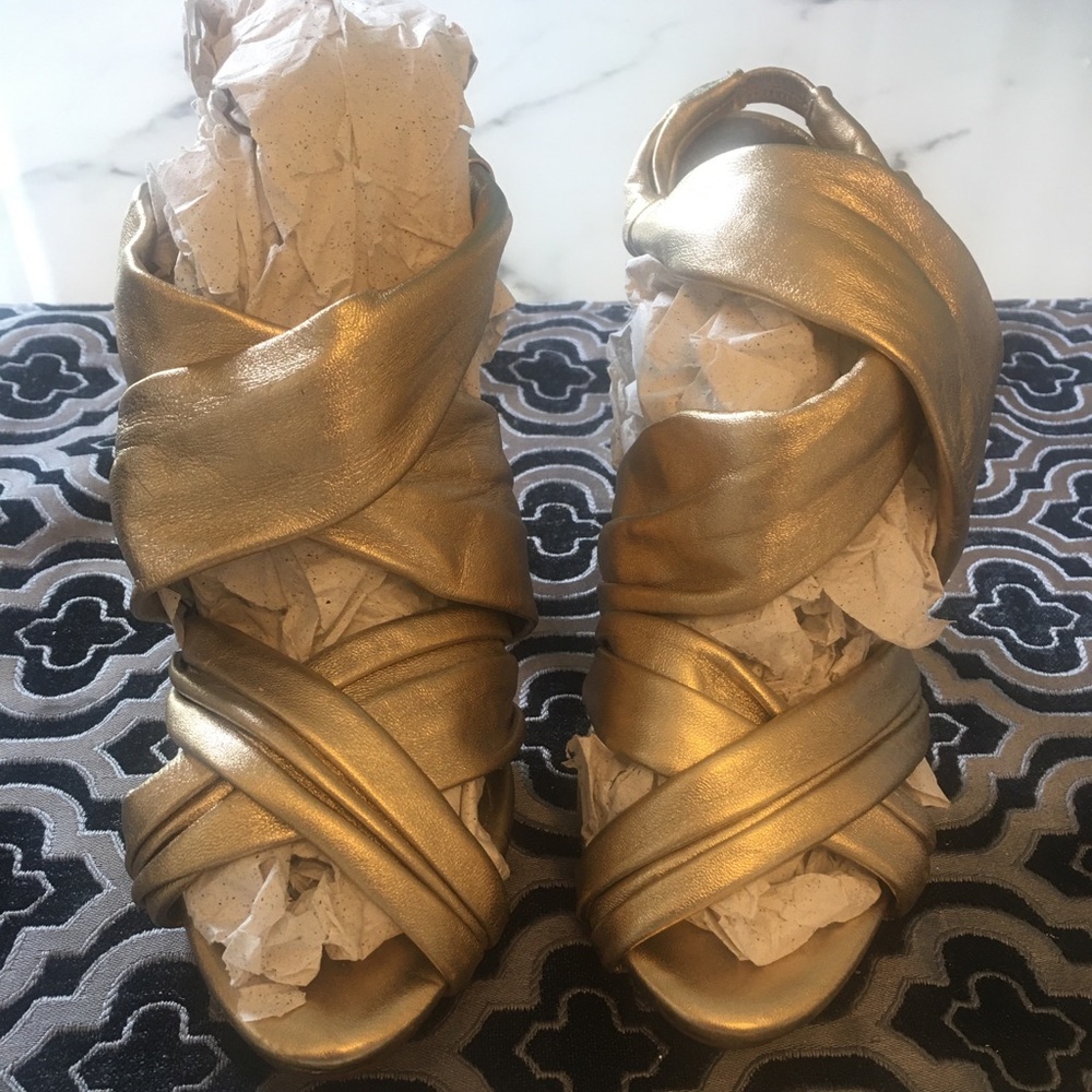 DVF gold metallic Wrap Sling backs